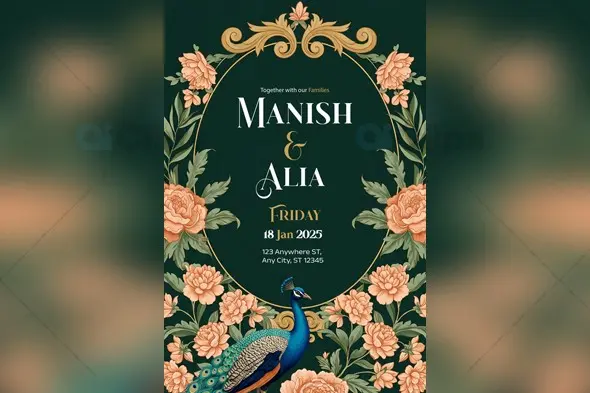 Regal Peacock Wedding Invitation PSD Template