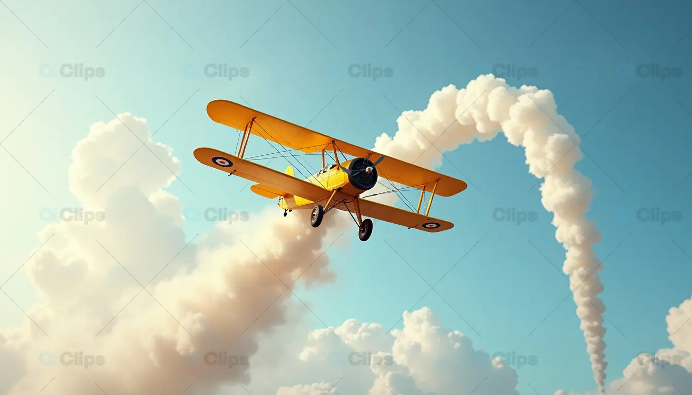 Vintage Yellow Biplane in Flight with Smoke Trail