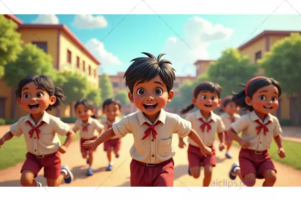 Joyful Indian School Children Running Outdoors