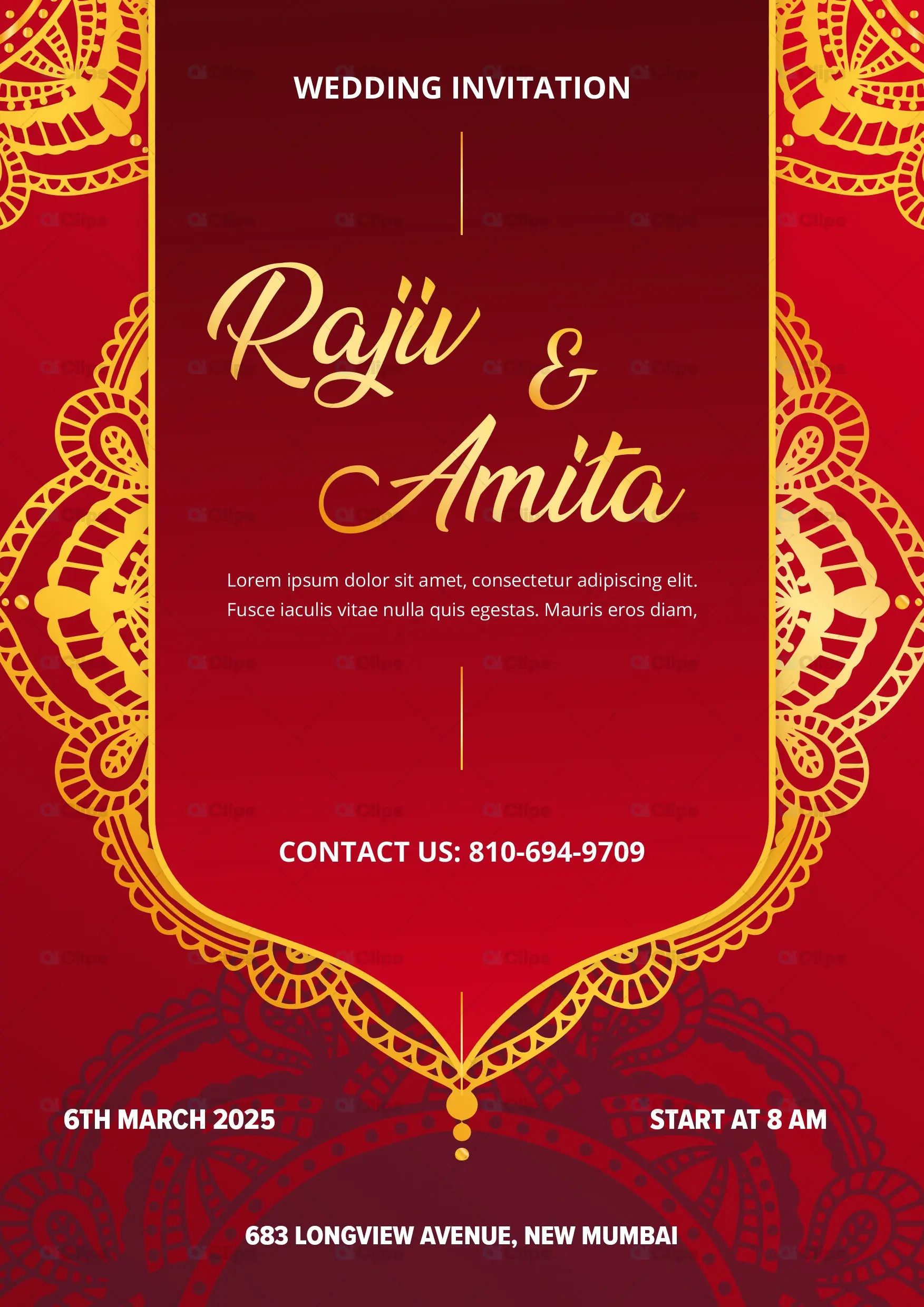 Traditional Red & Gold Wedding Invitation PSD Template