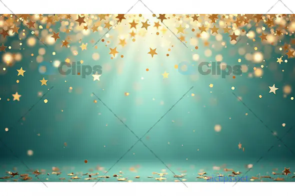 Golden Star Confetti on Teal Background with Bokeh Effect