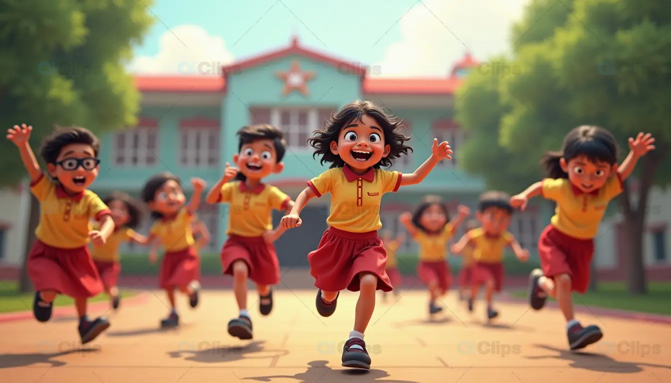 Excited Indian School Kids Running Outside