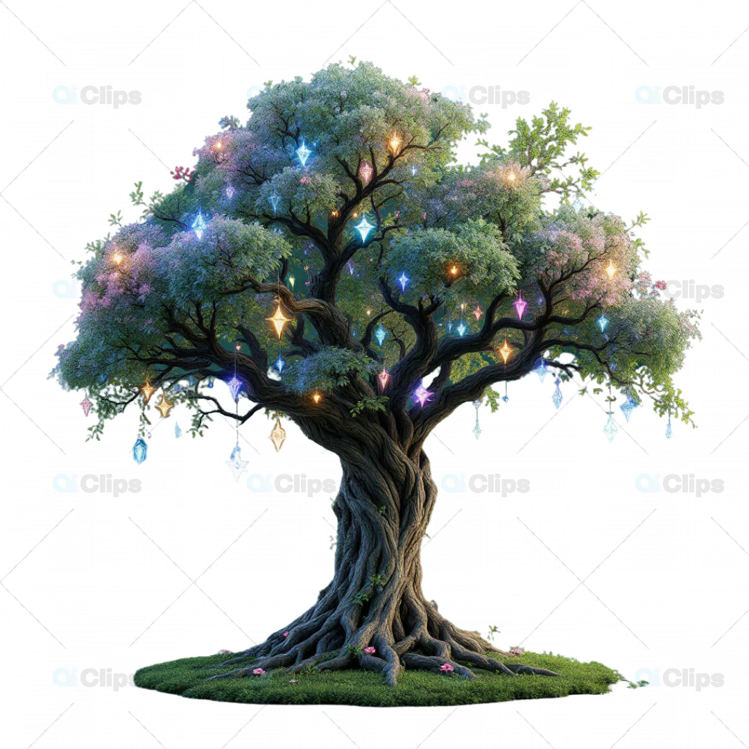 Enchanted Fantasy Tree with Hanging Crystals and Glowing Lights - 3D Model
