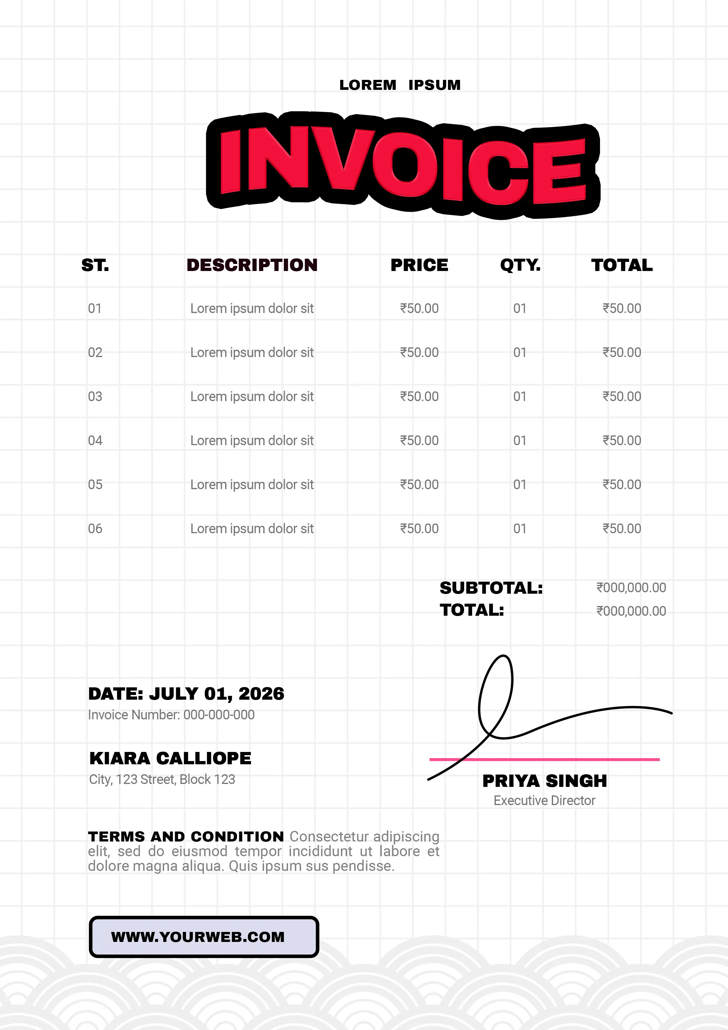 Bold Red Invoice Template with Grid Background