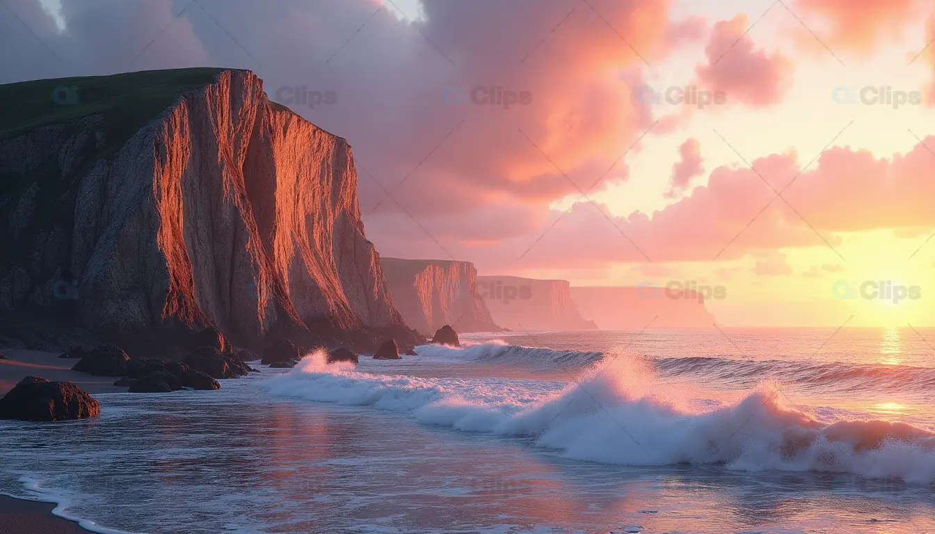 Sunset on Rocky Cliffs Overlooking Ocean Waves