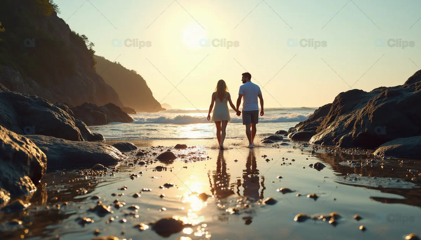 Romantic Couple Walking on a Beach at Sunset