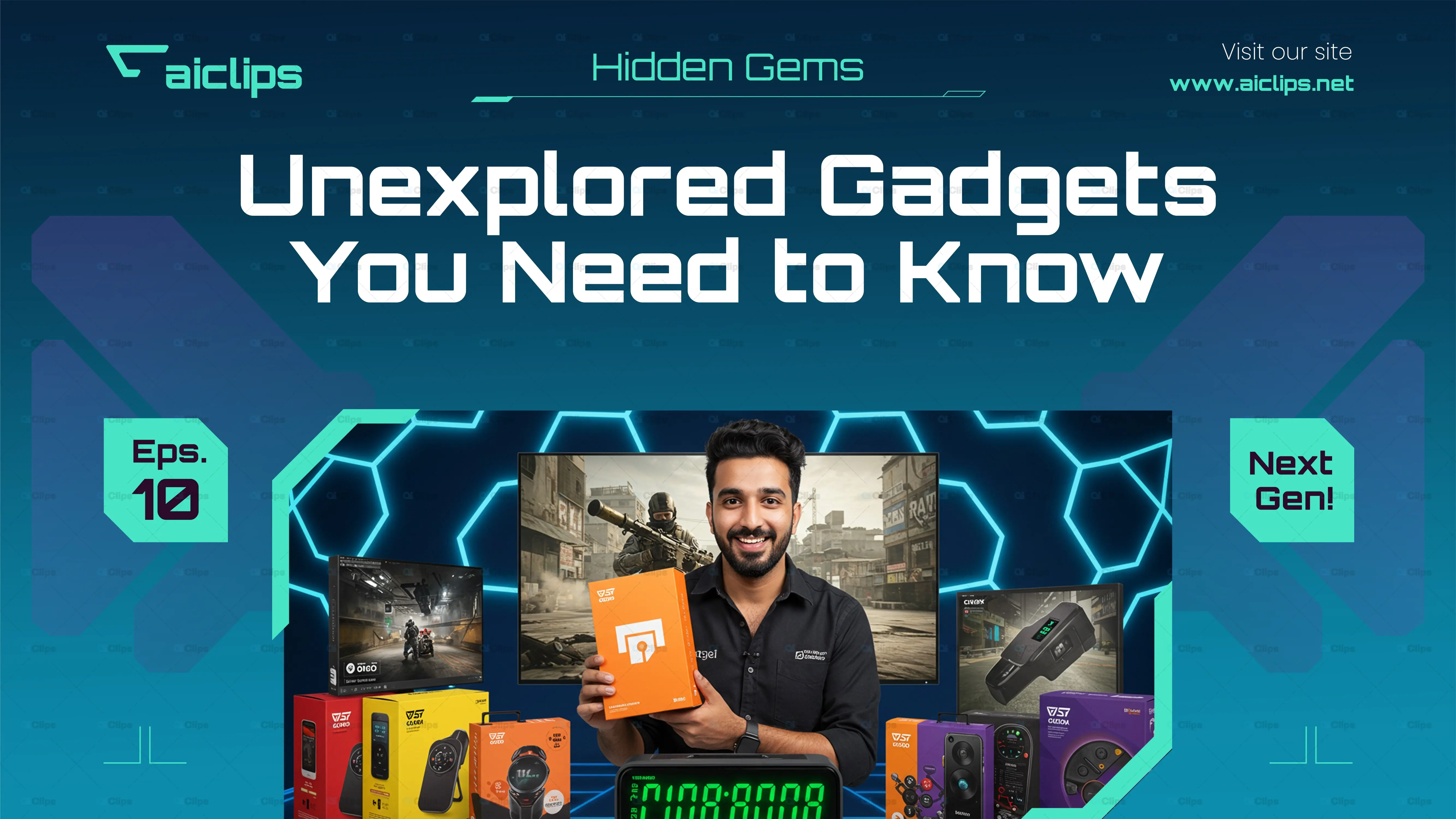 Tech Review Thumbnail Template with Hexagonal Gaming Design