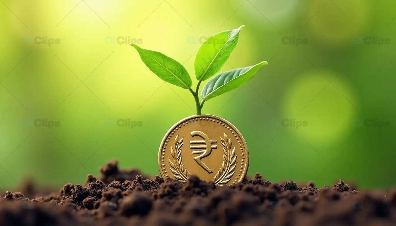 Indian Rupee Coin with Green Sprout in Soil