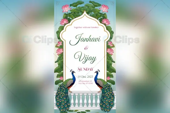 Lotus Peacock Wedding Invitation PSD Template