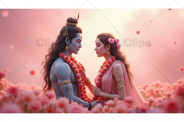 Divine Love: Lord Shiva and Goddess Parvati in a Floral Setting