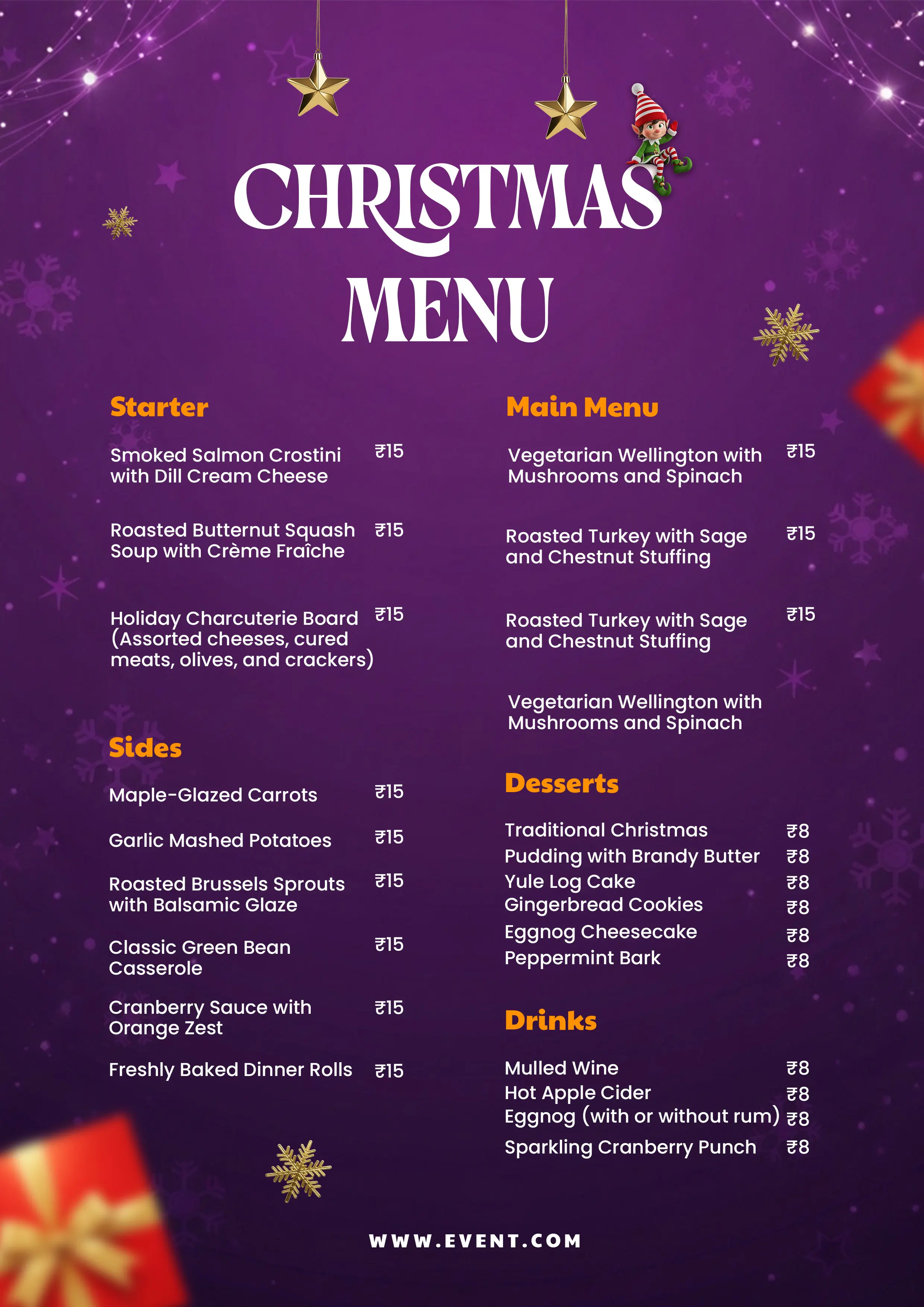 Purple Festive Holiday Restaurant Menu Template