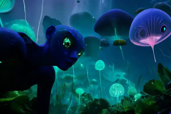 Alien World with Bioluminescent Creatures - Futuristic Fantasy Landscape