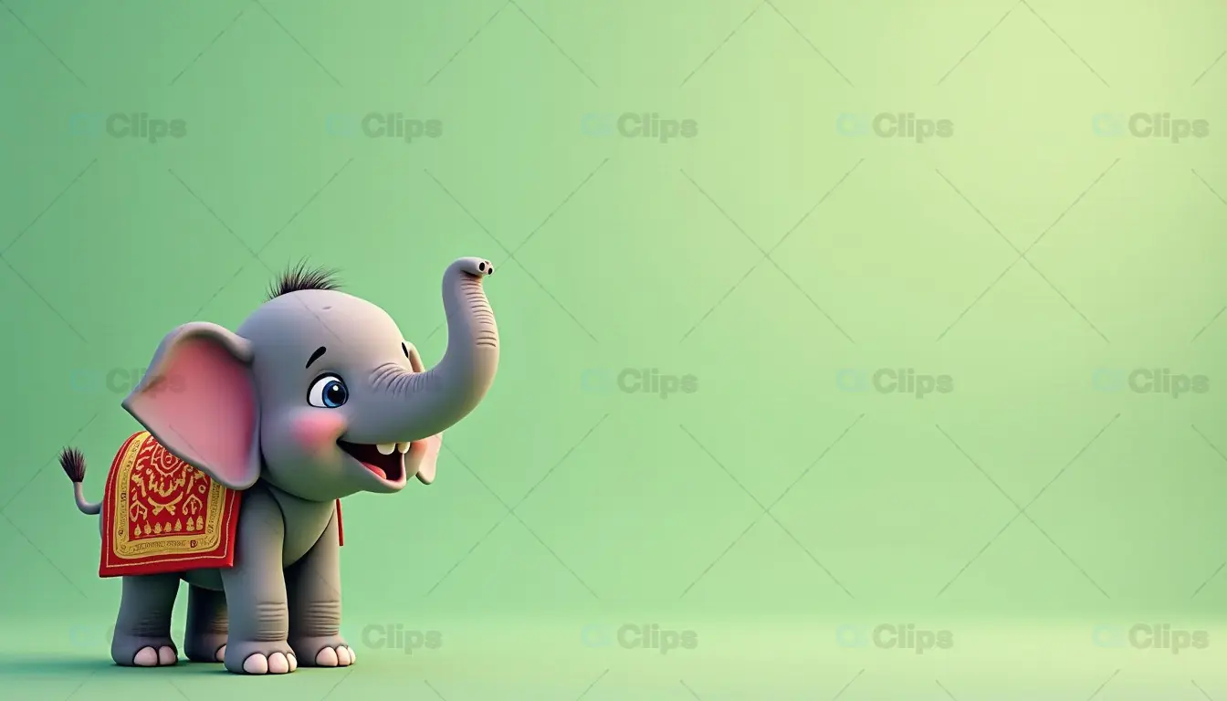 Cute Cartoon Elephant with Decorative Saddle on Green Background