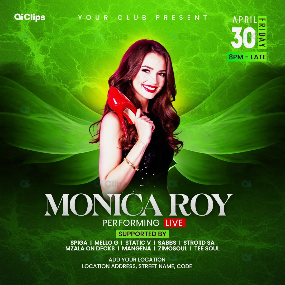 Elegant Club Performance Flyer on Vibrant Green Background