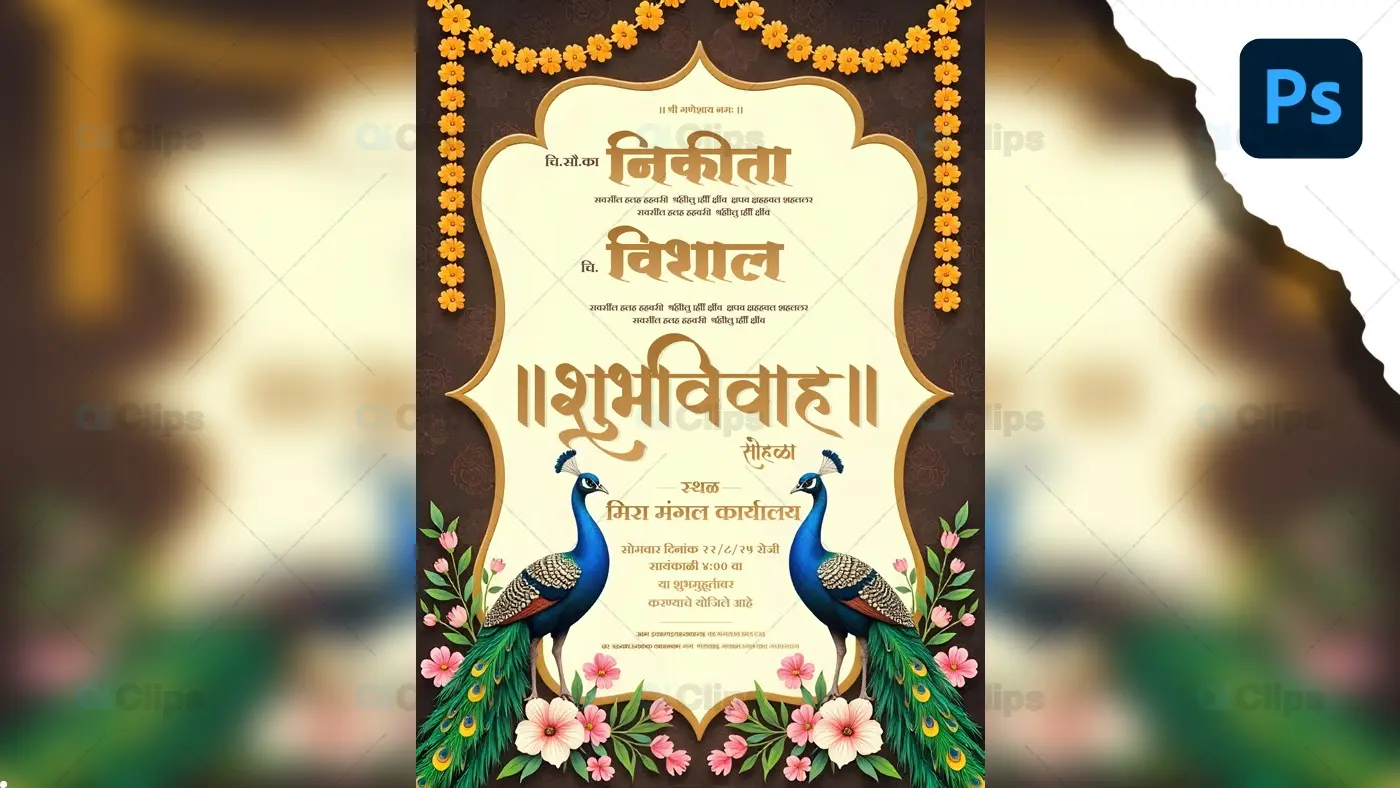 Traditional Peacock Wedding Invitation PSD Template