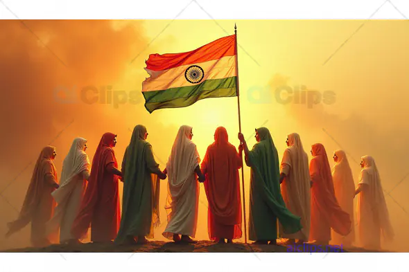 Women Empowerment and Unity with Indian Flag at Sunset