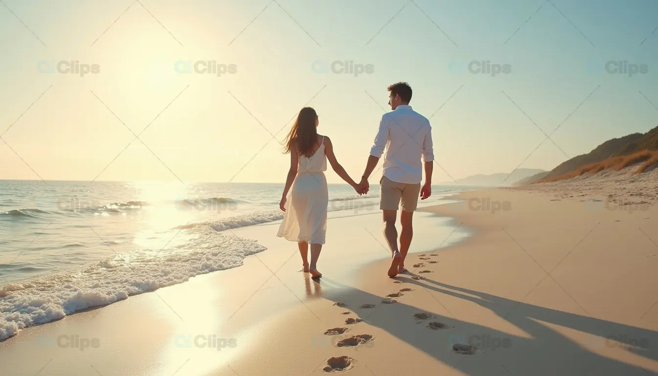 Romantic Couple Walking on the Beach at Sunset