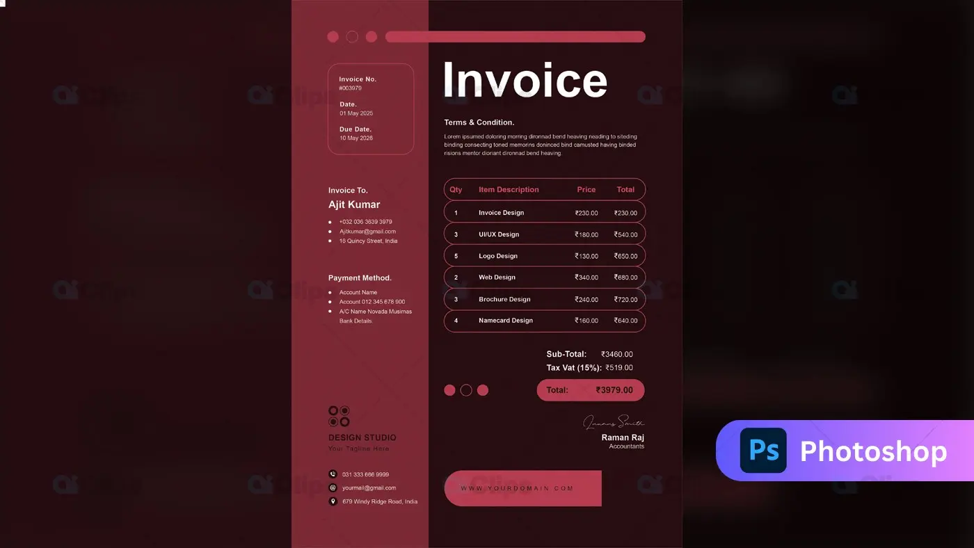 Modern Dark Red Professional Invoice Template Design