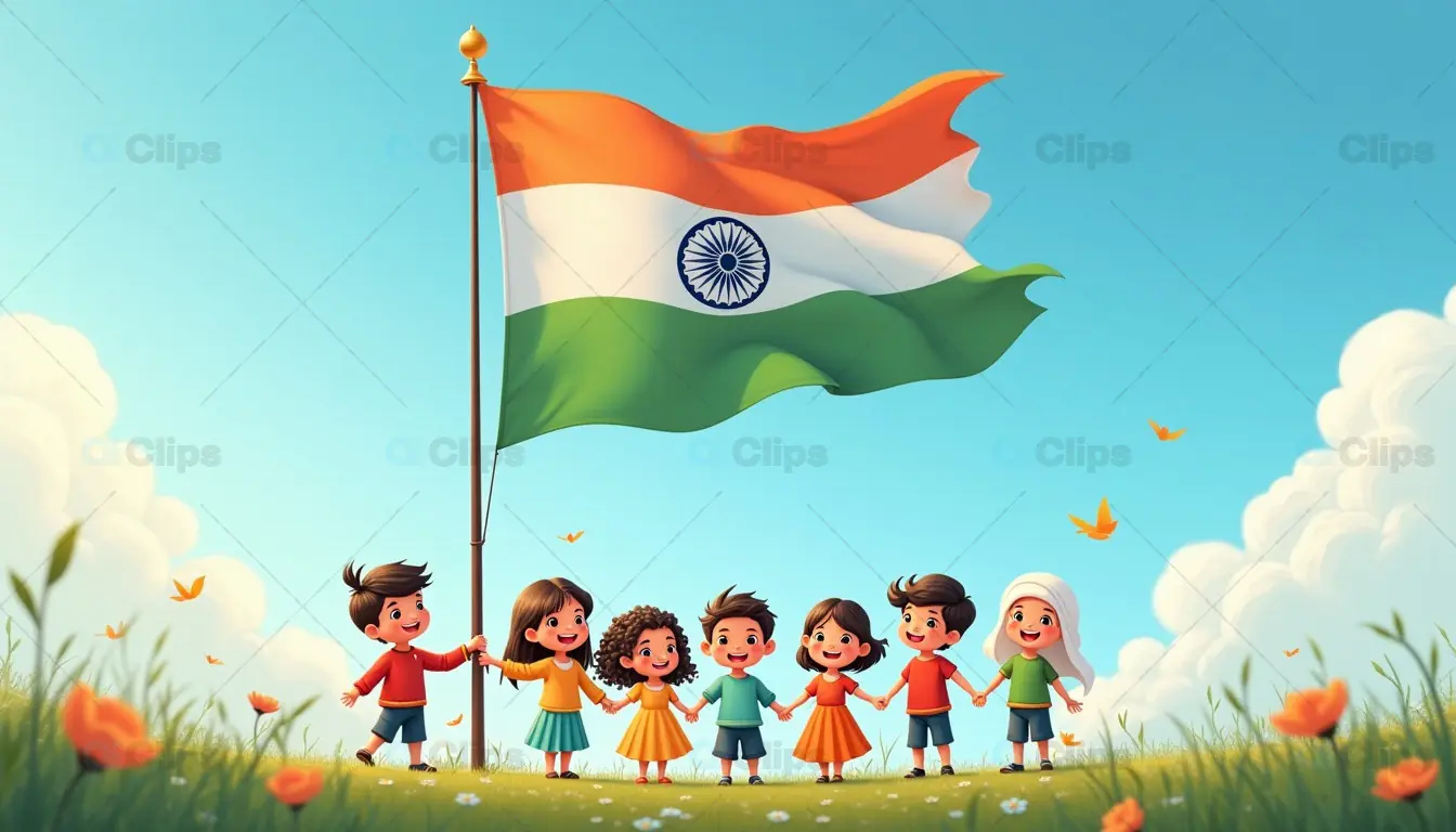 Children Celebrating Under Indian Flag in a Joyful Cartoon Scene