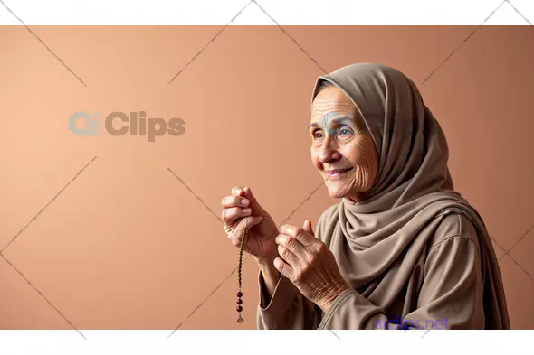 Elderly Woman in Hijab Holding Prayer Beads