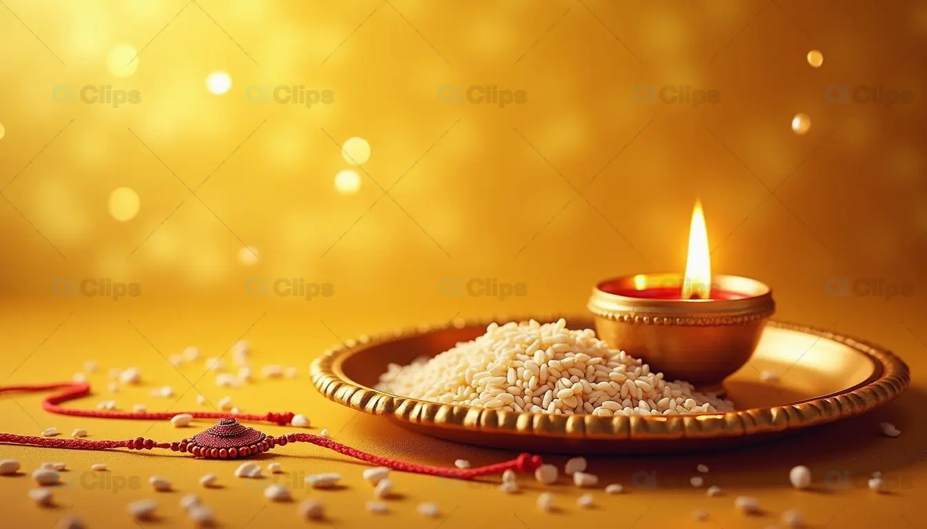 Raksha Bandhan Ritual Plate with Rakhi and Diya on Golden Background