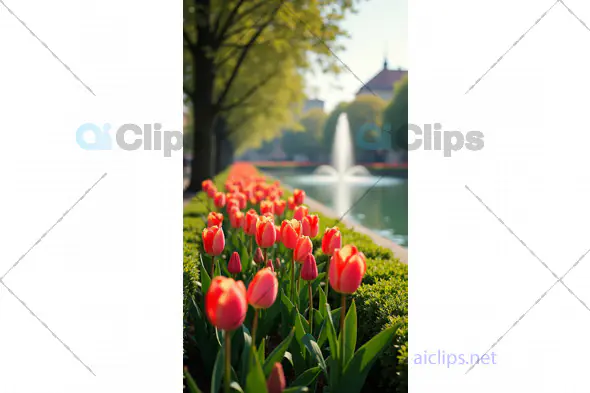 Vibrant Tulips in a Garden with Fountain Background