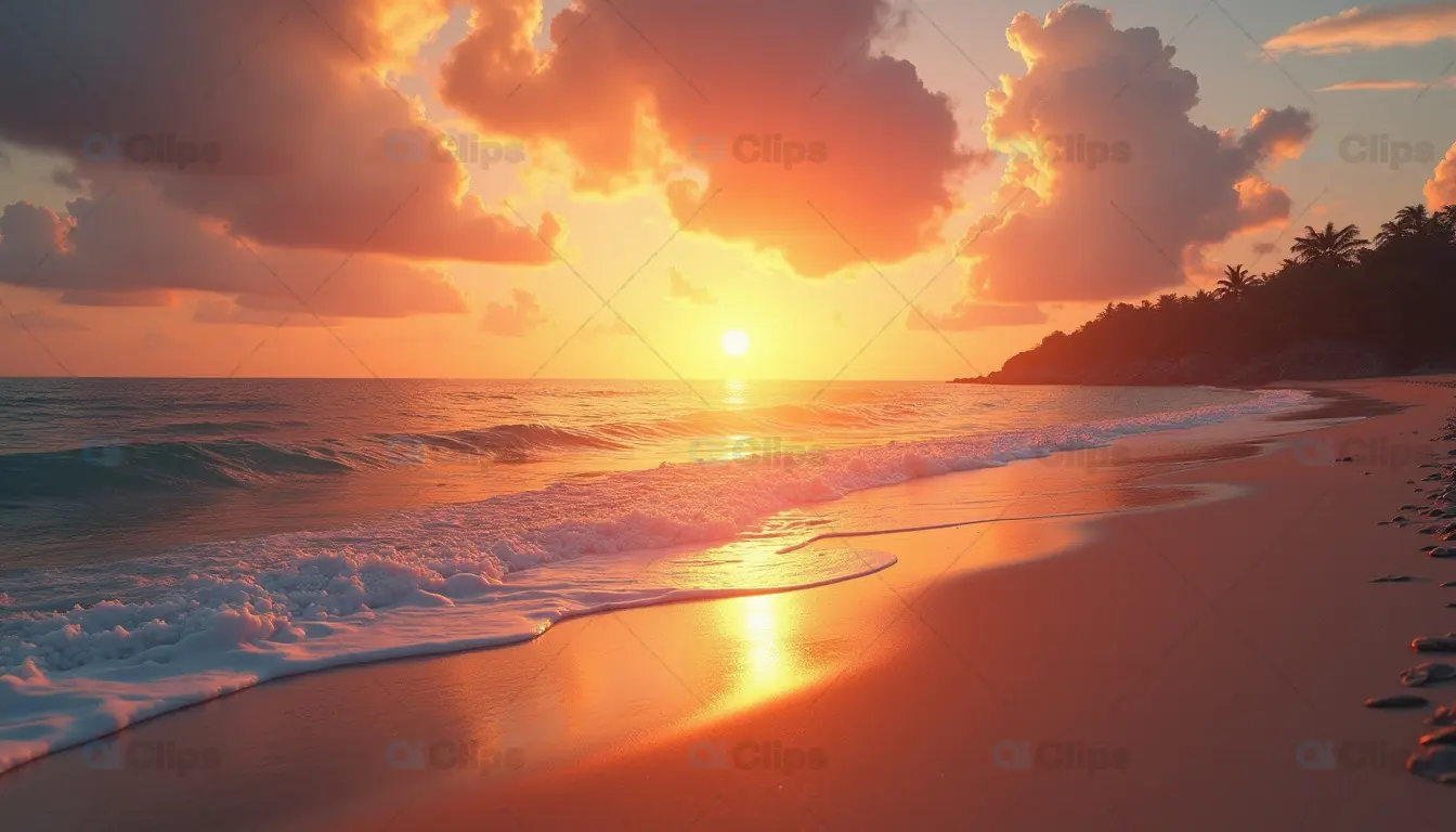 Sunset Over Tropical Beach with Golden Sky