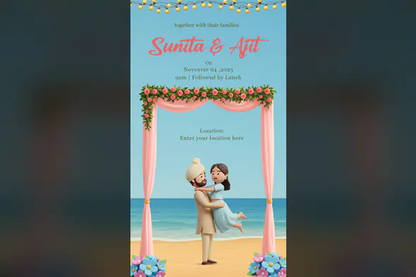 Beach Theme 3D Indian Wedding Invitation Template