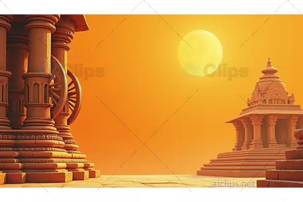 Ancient Indian Temple with Glowing Sun Background