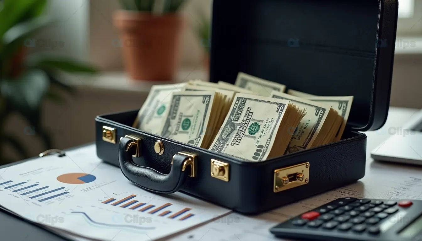 Business Finance Briefcase with Cash Stacks and Analytics Reports