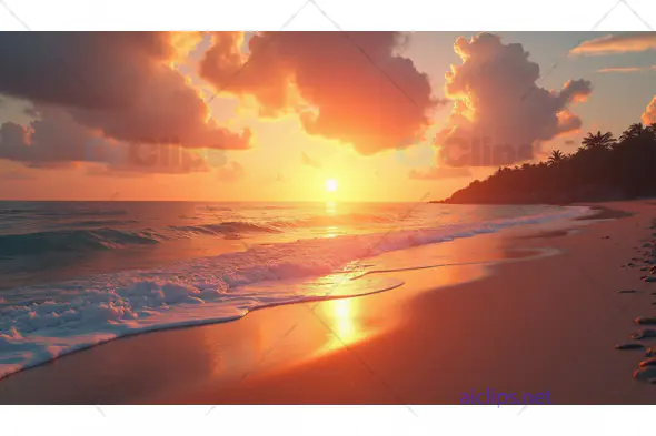 Sunset Over Tropical Beach with Golden Sky