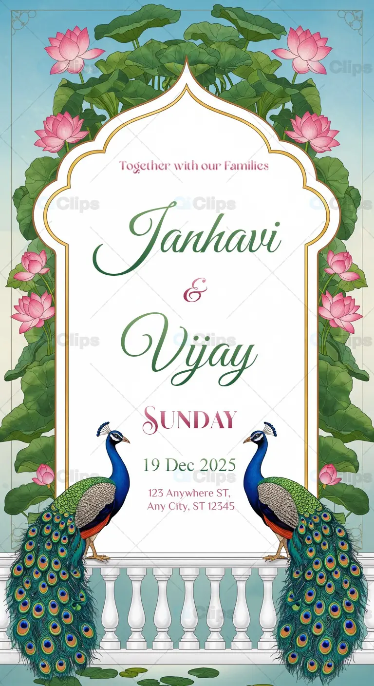 Lotus Peacock Wedding Invitation PSD Template