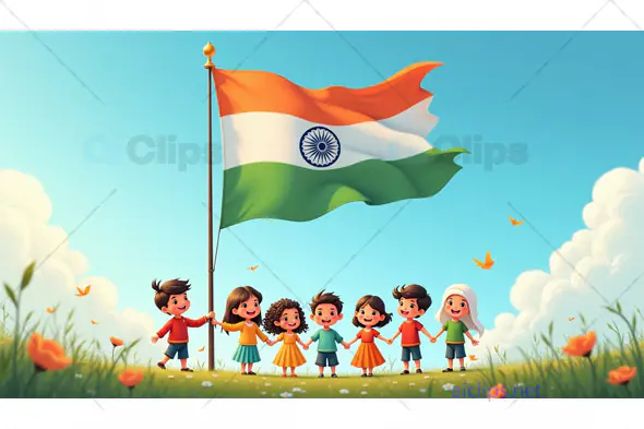 Children Celebrating Under Indian Flag in a Joyful Cartoon Scene