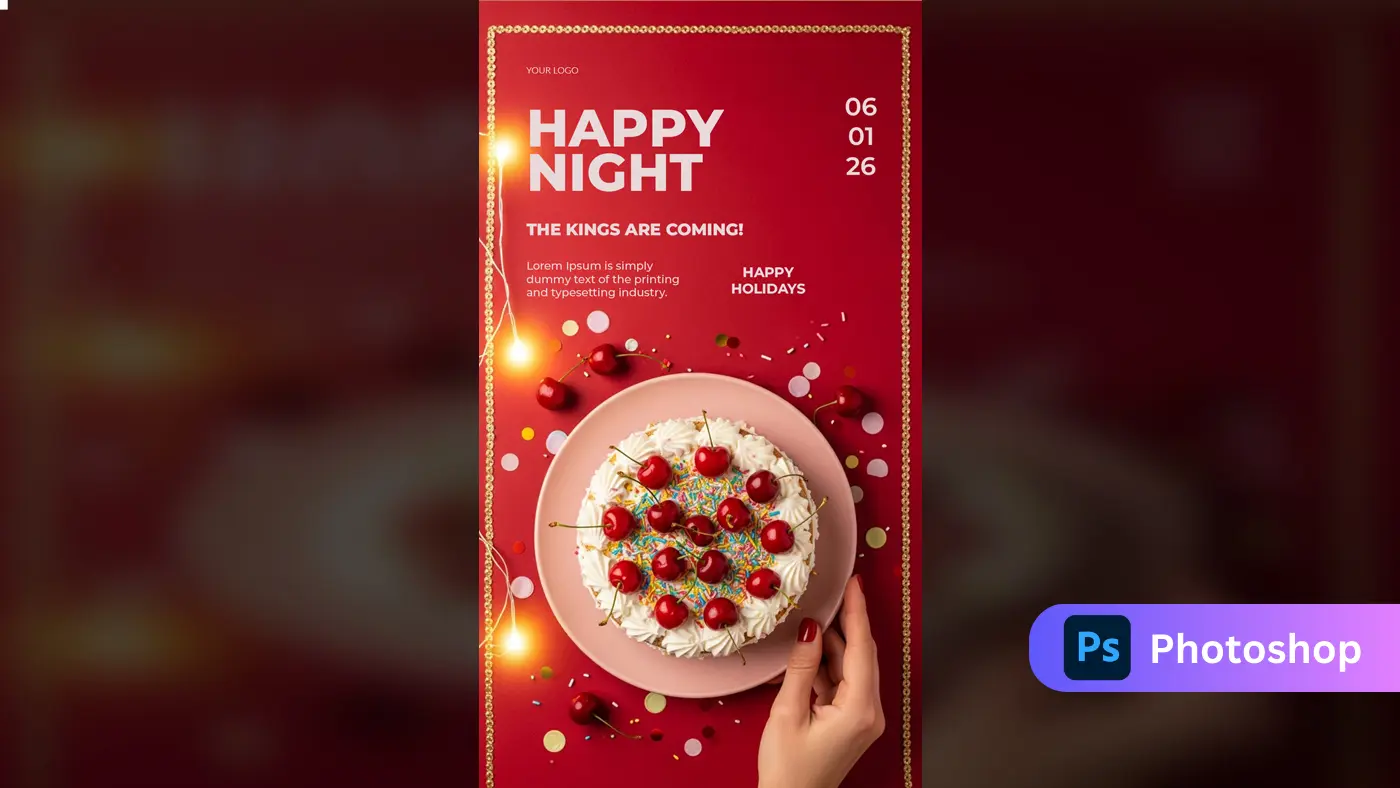 Festive Cherry Cake Holiday Party Invitation Template