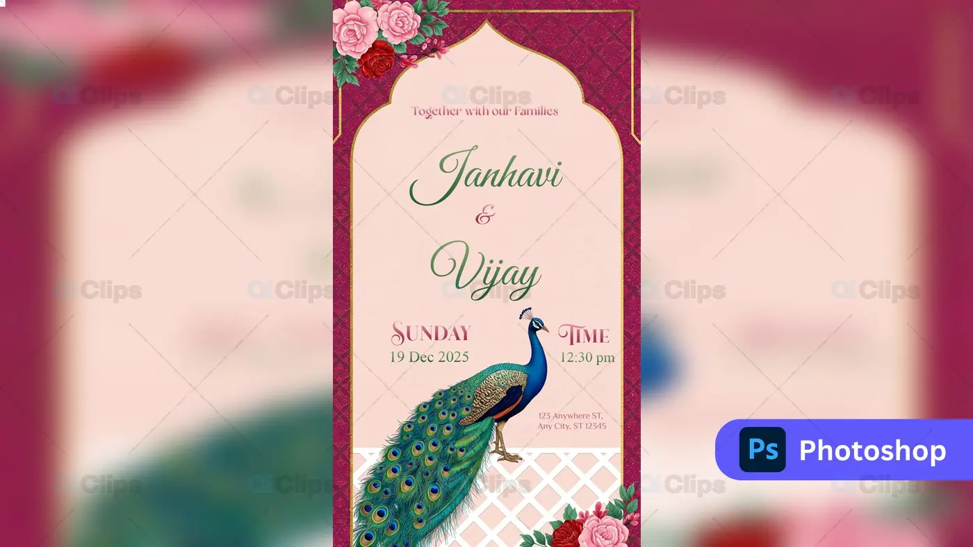 Royal Peacock Wedding Invitation PSD Template