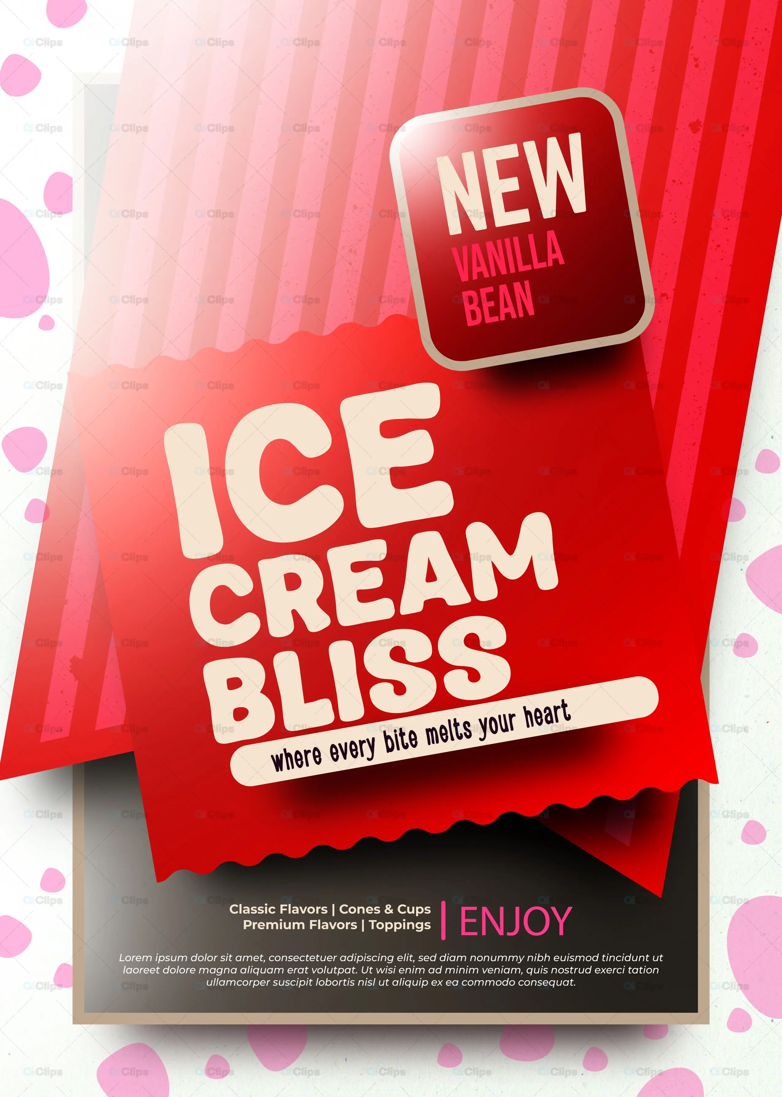 Red Ice Cream Advertisement Template with Polka Dot Background