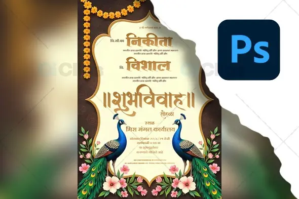 Traditional Peacock Wedding Invitation PSD Template