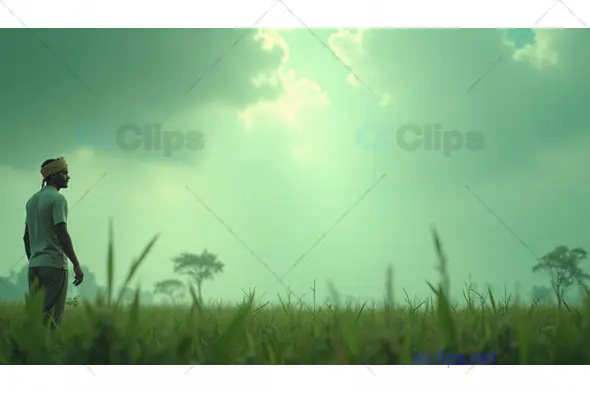 Indian Farmer in Green Pasture with Vibrant Sky