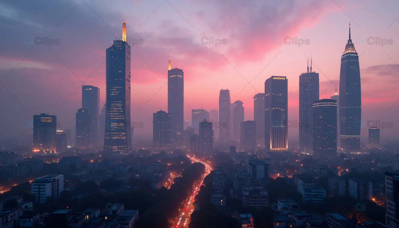 Skyscrapers in a Misty Sunset Over a Bustling City