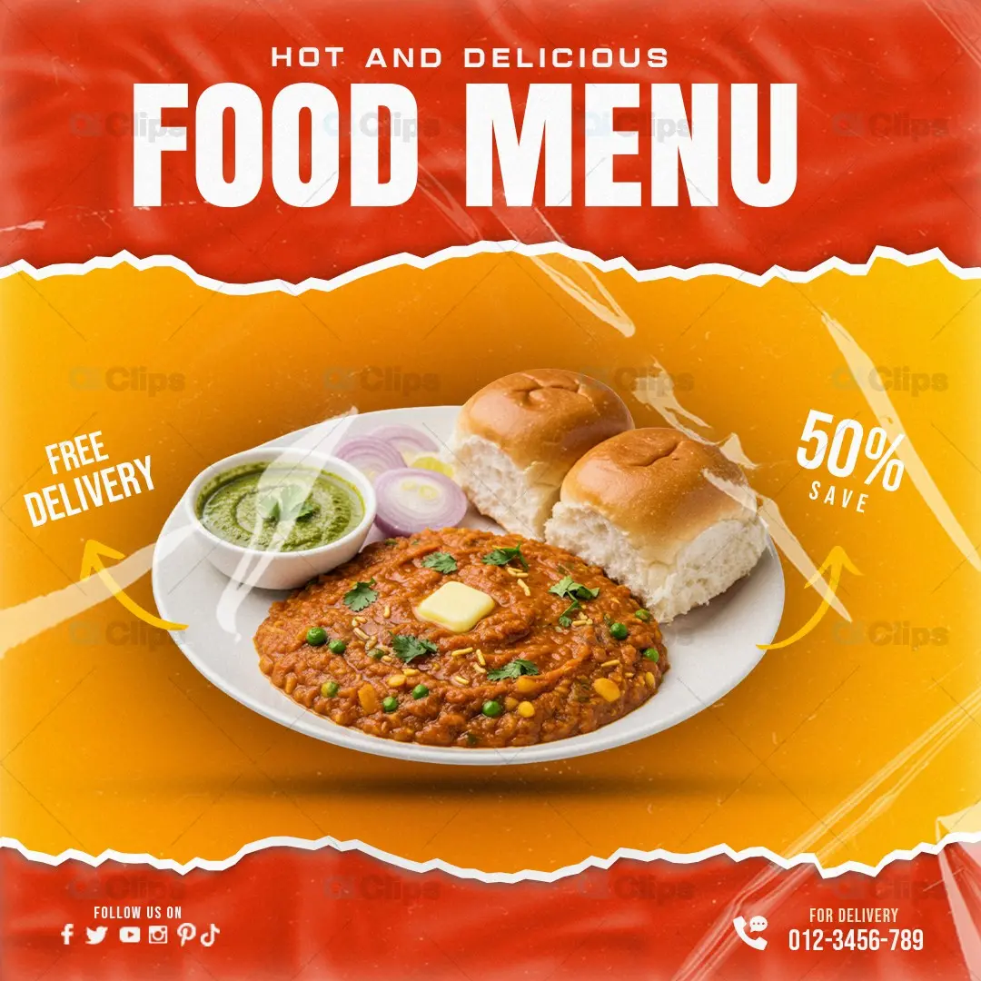 Indian Food Menu Template with Pav Bhaji Dish Display