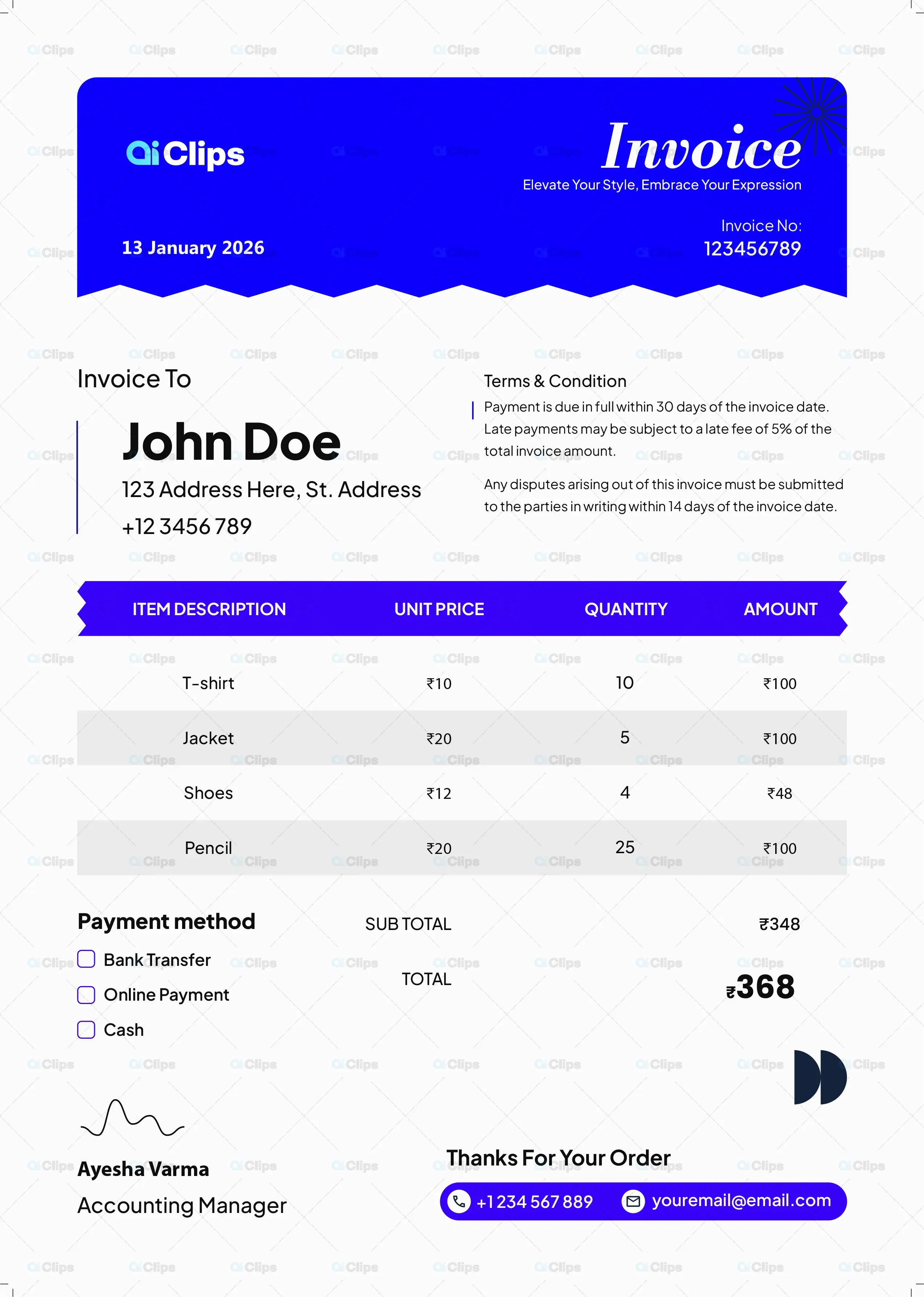 Professional Purple Invoice Template with Modern Wave Design