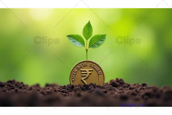 Indian Rupee Coin with Growing Plant in Soil