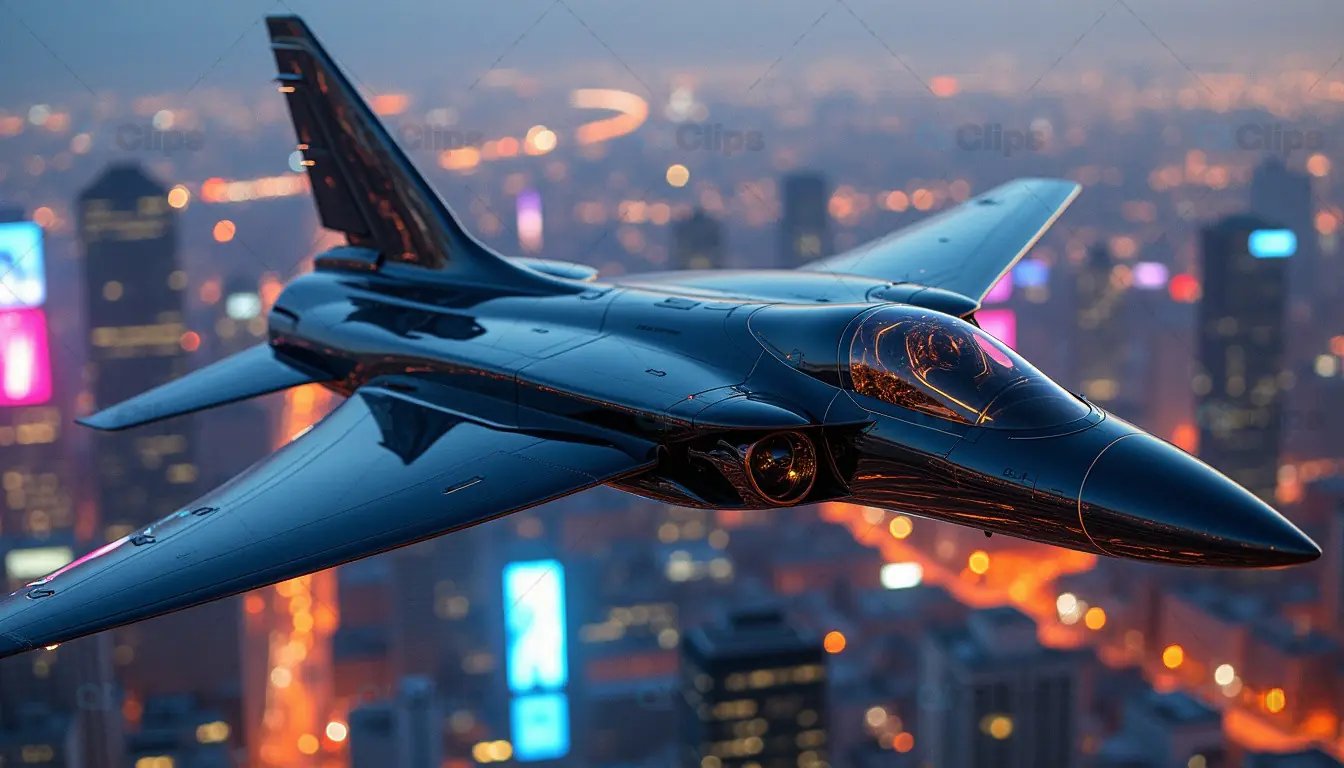 Advanced Futuristic Jet Flying Over City Lights