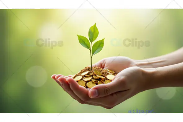 Growing Wealth Concept – Plant Sprouting from Coins in Hands