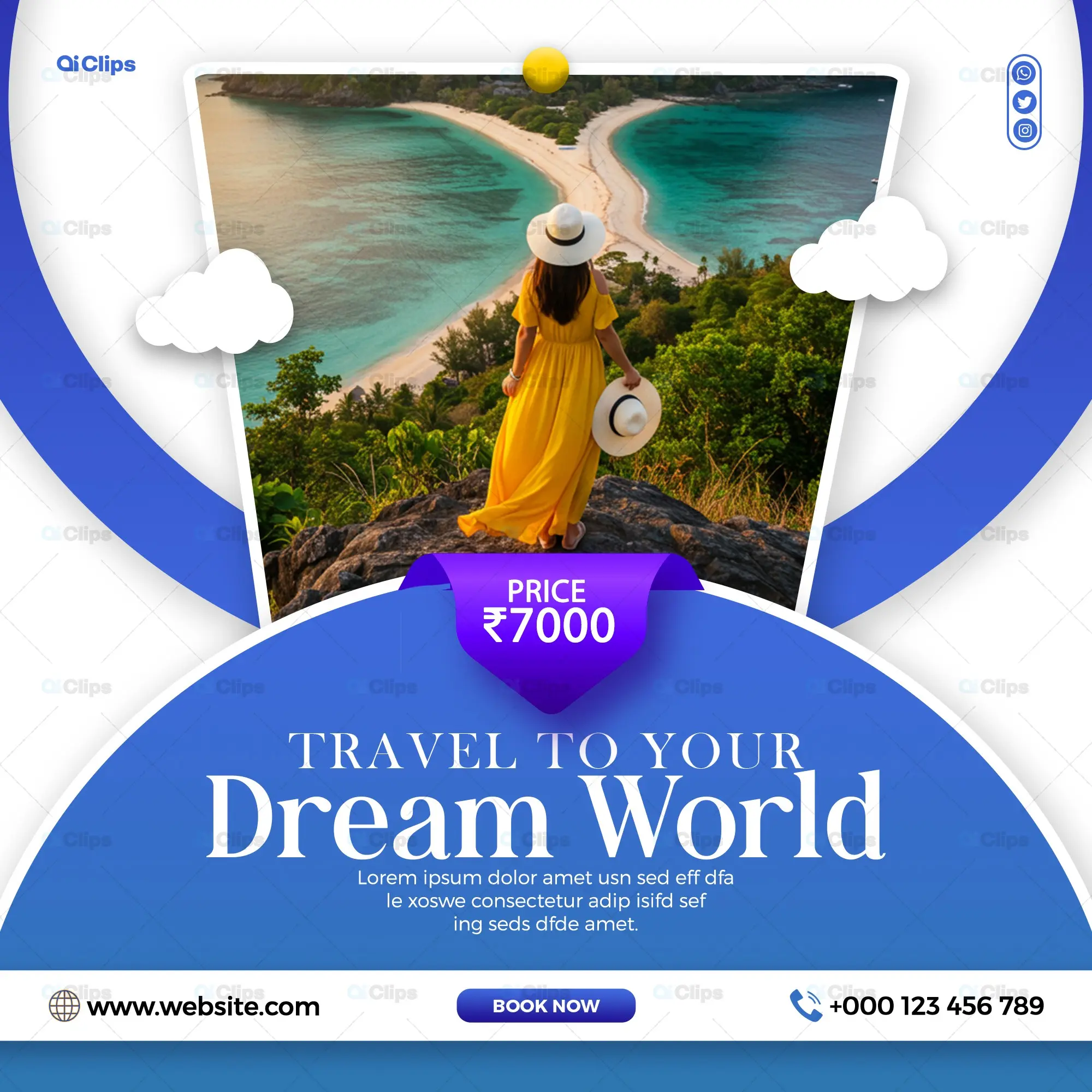 Coastal Paradise Travel Social Media Template with Beach Vista