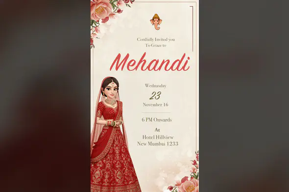 3D Indian Mehandi Invitation Template Featuring Bride in Red Saree