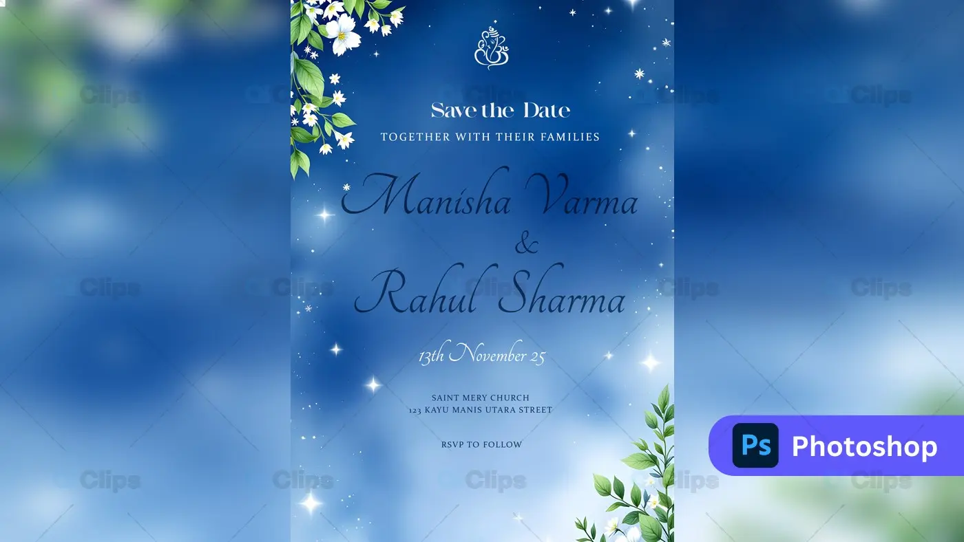 Elegant Blue Wedding Invitation PSD Template