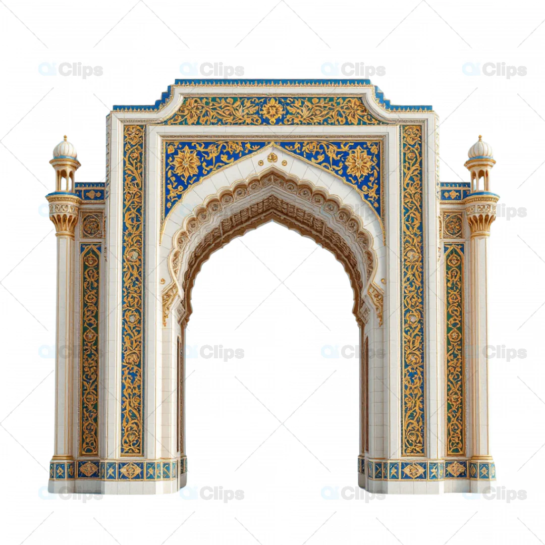 Elegant 3D Mughal Archway with Gold and Blue Floral Detailing