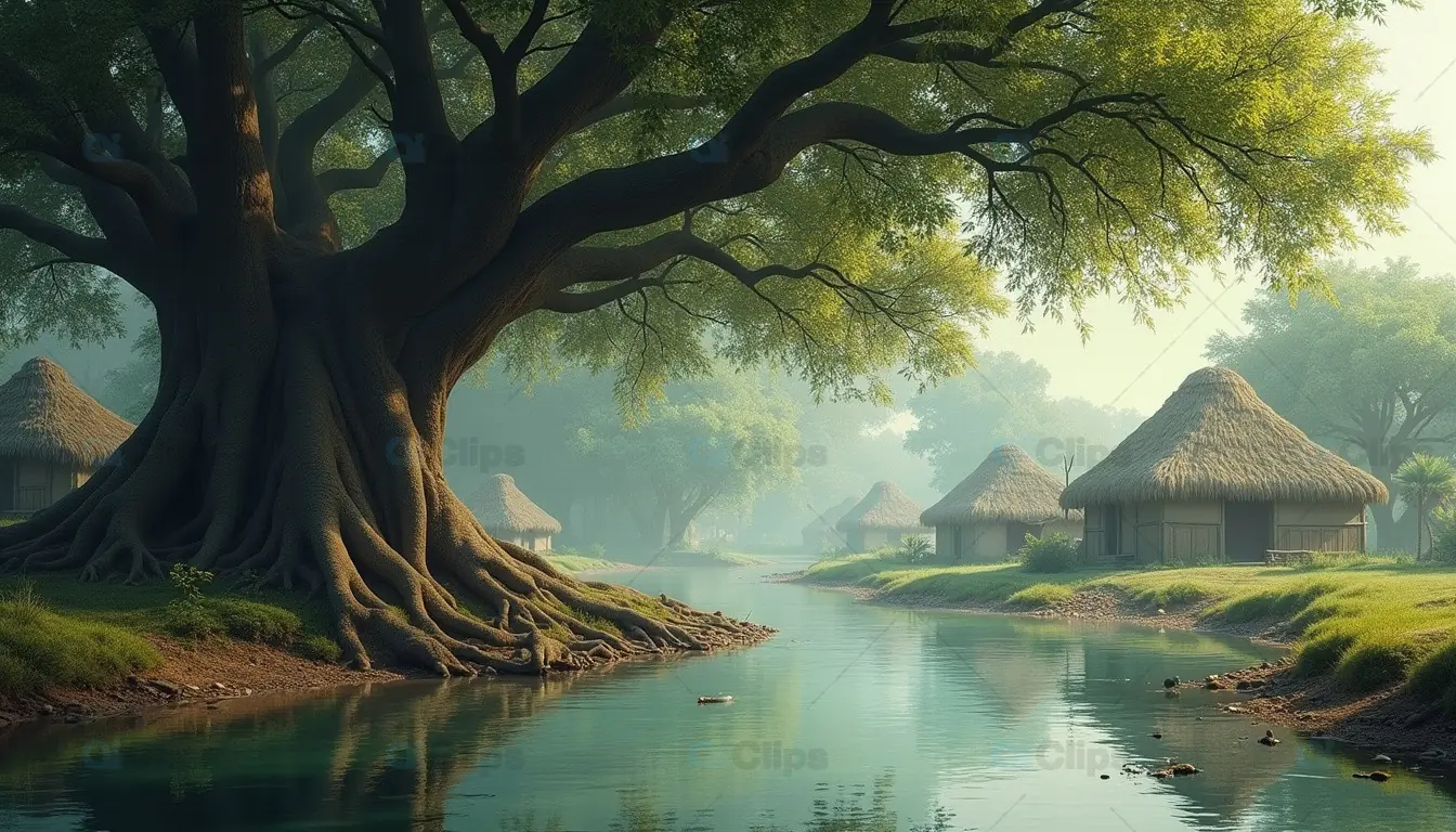 Peaceful Village by the River with Majestic Tree