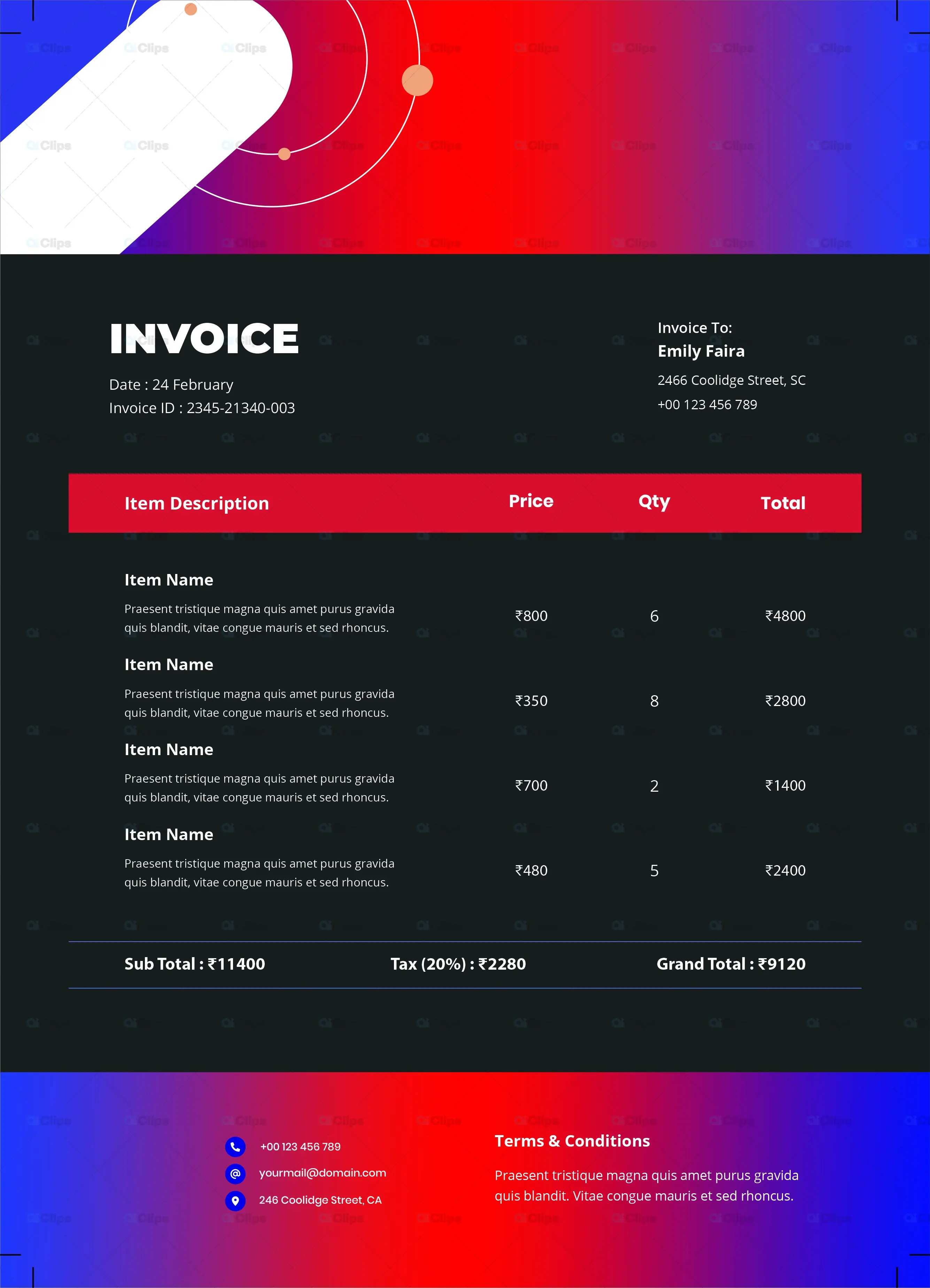 Modern Red Gradient Business Invoice Template Design